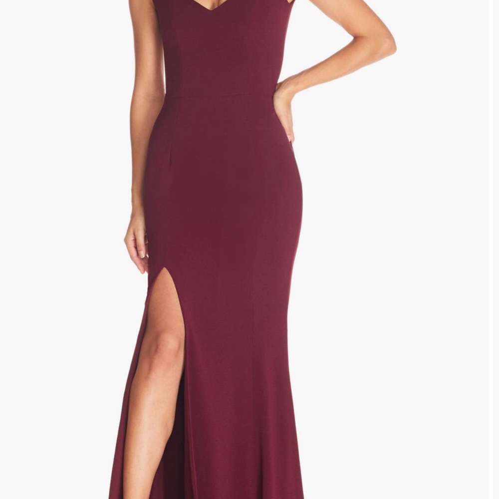 Dress the Population Red V-neck Slit Maxi Gown